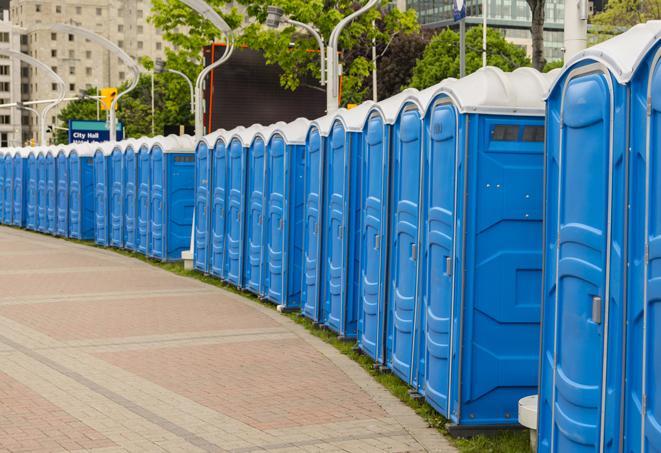 portable restrooms lined up at a marathon, ensuring runners can take a much-needed bathroom break in Bellport, NY